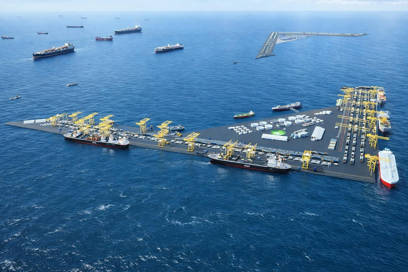 Concept illustration of the proprietary V-shaped TBP ASMOFP offshore floating platform and surrounding maritime network
